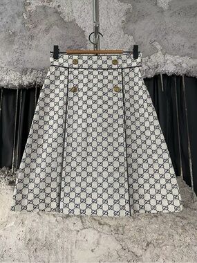 Gucci Cream and Navy GG Monogram A-Line Skirt with Gold Buttons